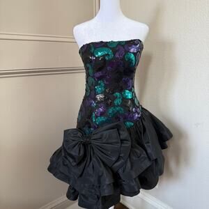 Vintage Julie Duroche Paisley Sequin Horsehair Hem Bow Strapless Dress Size 6